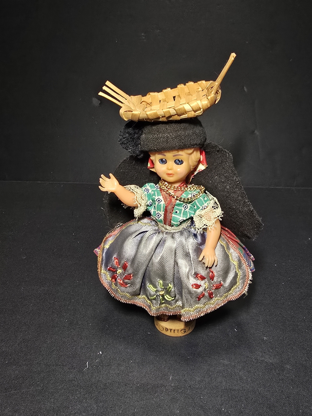 1950s-60s 5 inch Hard Plastic Souvenir Doll from Portugal With Basket